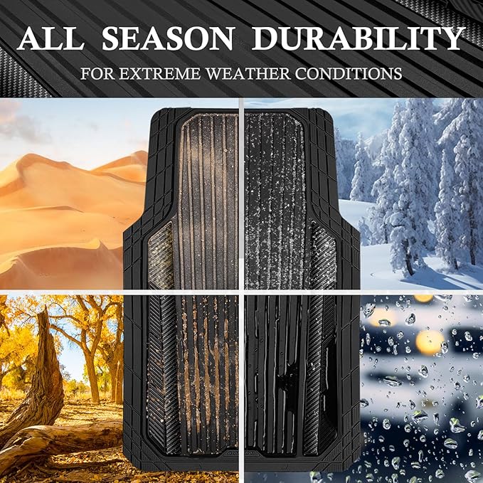 CAR PASS Heavy Duty Rubber Car Mats Metallic,Aluminum Film All Weather Floor Mats Waterproof Universal Trim to Fit SUVs Sedans Vans 4 Piece Anodized Deep Dish Two-Tone Sporty Carbon Fiber Black Chrome