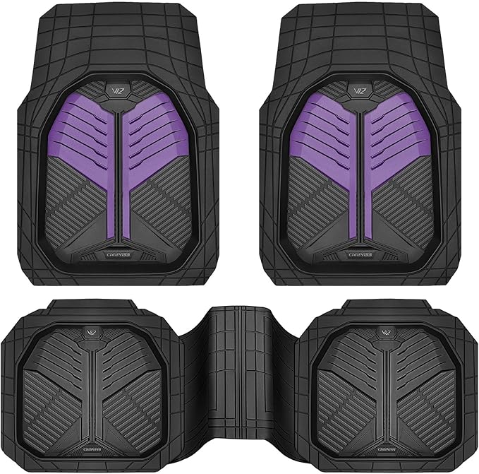 CAR PASS Heavy Duty Rubber Car Mats, Deep-Dish Car Floor Mats All Weather, Universal Two-Tone Trim-to-Fit for SUVs Trucks Sedans, Waterproof Anti-Slip, 3 Pieces V12 Black and Metallic Purple