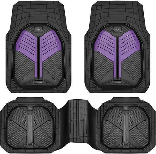 CAR PASS Heavy Duty Rubber Car Mats, Deep-Dish Car Floor Mats All Weather, Universal Two-Tone Trim-to-Fit for SUVs Trucks Sedans, Waterproof Anti-Slip, 3 Pieces V12 Black and Metallic Purple