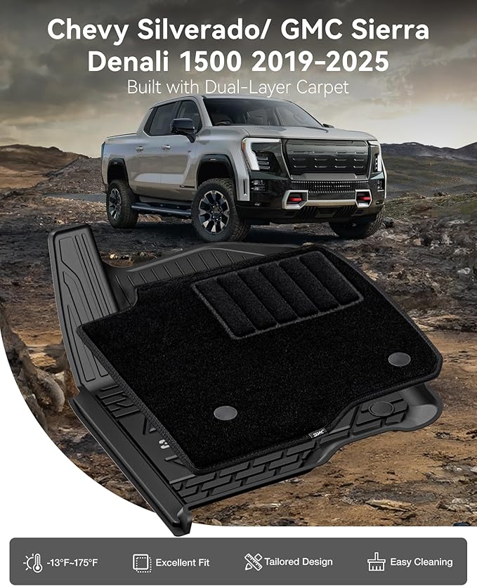 3W Floor Mats & Front Carpet Fit for 2019-2024 2025 Chevy Silverado/GMC Sierra Denali 1500 & 2020-2024 2025 GMC Sierra 2500HD/3500HD Crew Cab, TPE All Weather Accessories 2 Rows Full Set Car Mats