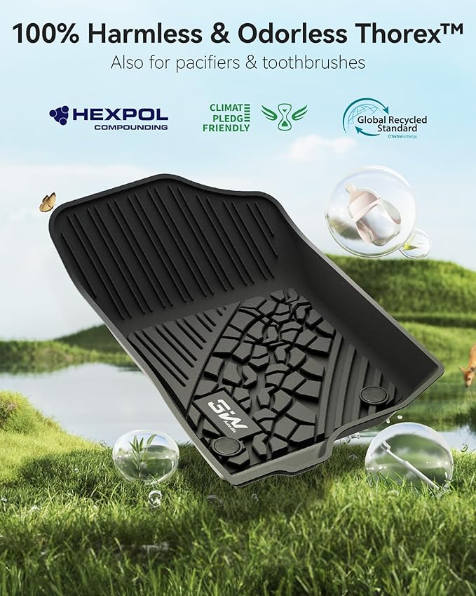 3W Floor Mats Fit for Jeep Wrangler 4XE 2021-2024 2025 Hybrid 4 Door (Non JL or JK), Black All-Weather TPE Floor Liner for 1st and 2nd Row Full Set Car Mats, Grey Logo