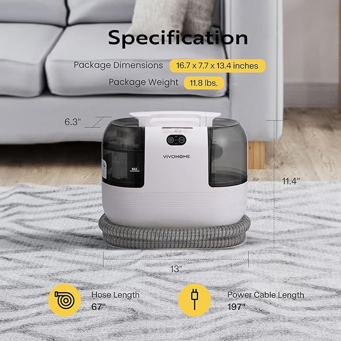 VIVOHOME Portable Multipurpose Carpet Cleaner Machine, 15s Fast Heating Spot Cleaner for Upholstery, 4 Detachable Brush Heads for Pets, Couch, Car Seats, Self-Cleaning, 14Kpa Strong Suction