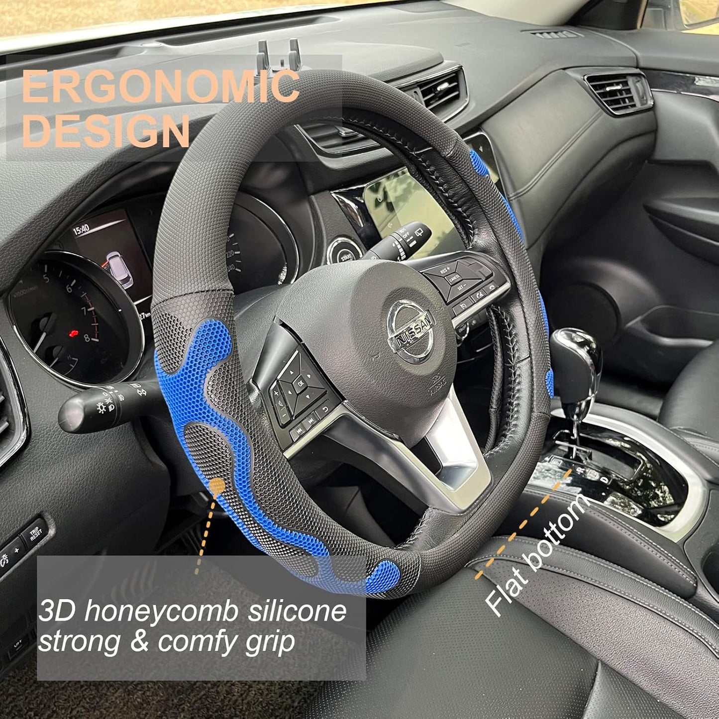PINCTROT D Shaped Comfy Grip Steering Wheel Cover, Anti-Slip Design, Flat Bottom 14.5-15 Inch(Silicone Blue)