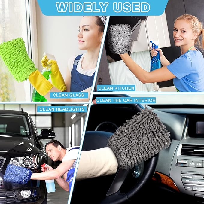 Riakrum 12 Pcs Car Wash Mitts - Chenille Microfiber Mitts Scratch Free Ultra Absorbent Wash Sponge Cloths for Cars, Trucks and Boats - Regular Size, 7.5'' x 10.2''