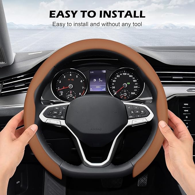 frani Nappa Leather Steering Wheel Cover, Universal 15 Inch Premium Non-Slip Steering Wheel Cover Camel Brown