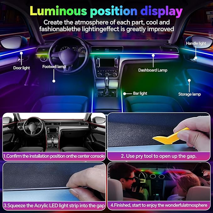 Dream Color Acrylic Interior Car Ambient Light Kit, Bphuny 18 in 1 593 LEDs Fiber Optic Multiple Modes Decoration Atmosphere Lights with Music Dynamic Rainbow Rhythm, RGB Neon Lights for All Cars