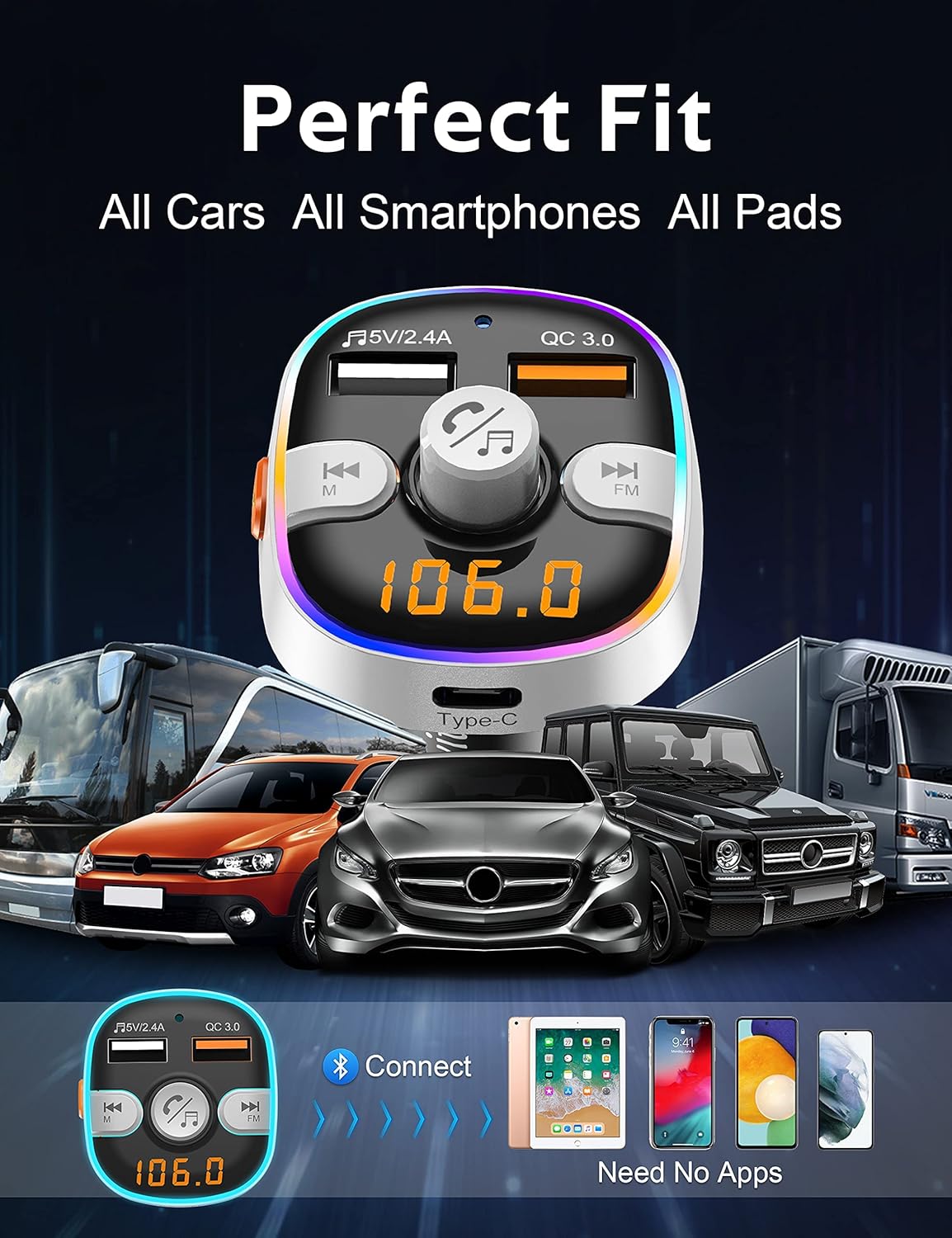 Arsvita Bluetooth FM Transmitter for Car, Radio Receiver/Audio Adapter with Type-C PD Charger, Support QC3.0 Quick Charging, Hands-Free Calling and Hi-Fi Sound Playback, Silver