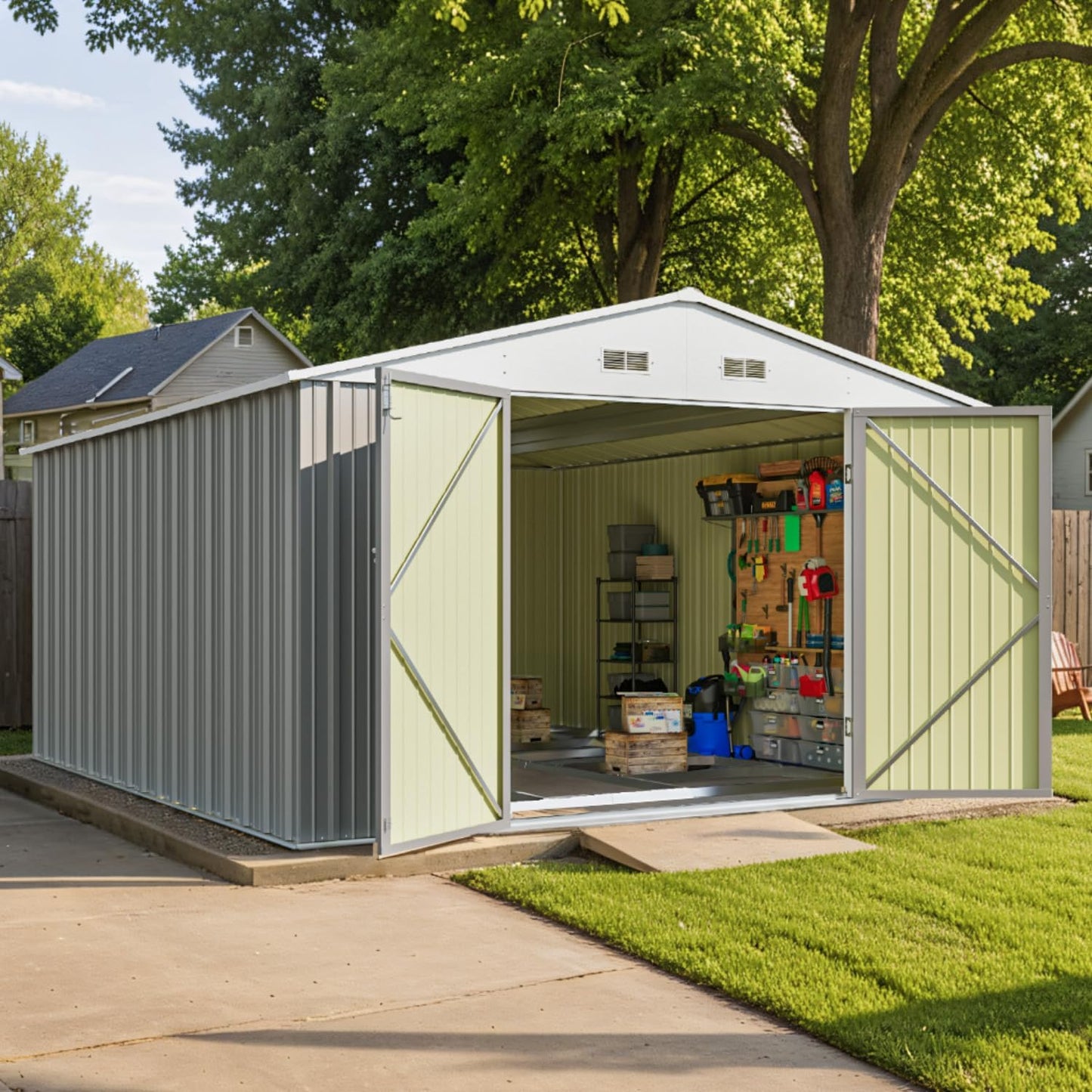 Patiowell 10 x 12 FT Metal Storage Shed for Outdoor with Floor Frame, Steel Yard Shed with Design of Lockable Doors, Utility and Tool Storage for Garden, Backyard, Patio, Outside use, Grey