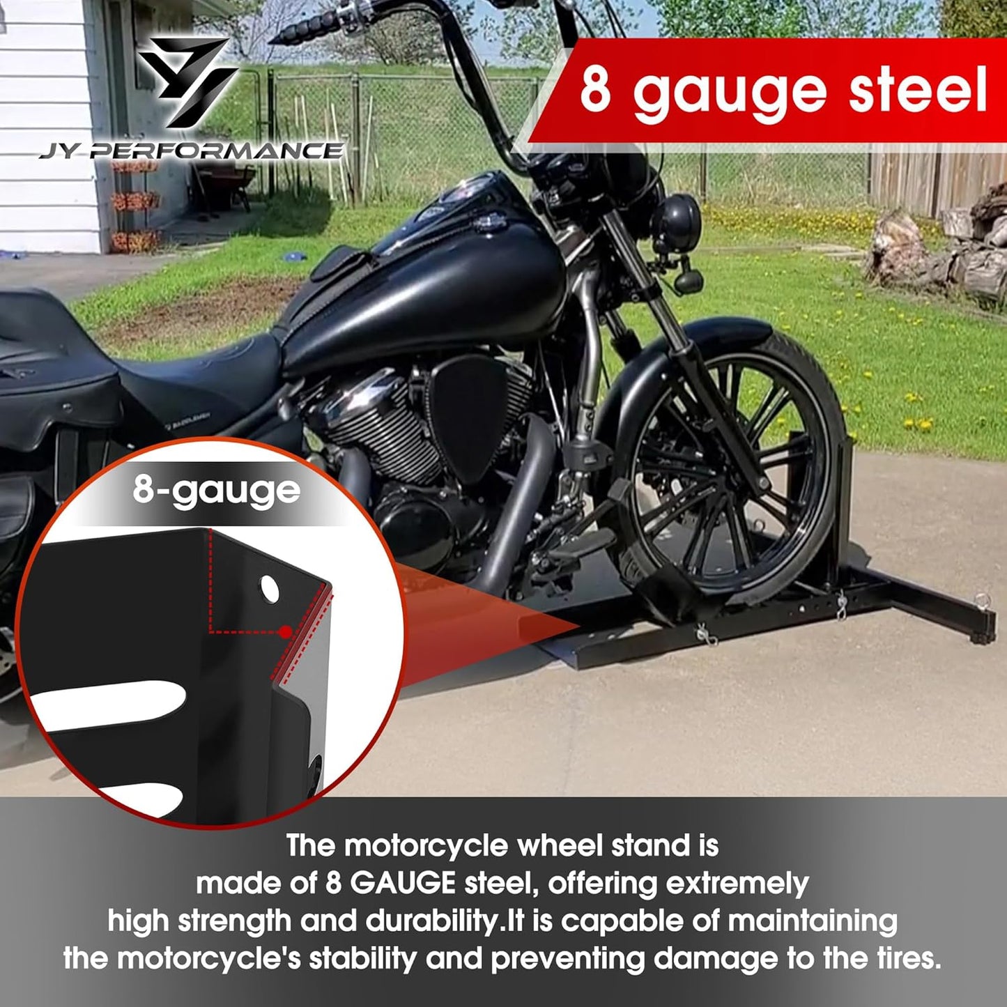 JY PERFORMANCE Motorcycle Wheel Chock, Universal Heavy Duty Front Wheel Stand for Trailer, Cruiser, Sports & Dirt Bikes, 1800 lb Capacity Adjustable Wheel Stand for 15"-22" Wheels