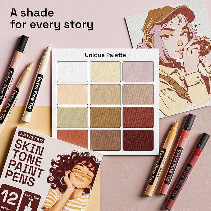 ARTISTRO 12 Skin Tones Paint Markers for Glass, Rock Painting, Ceramic, Wood, Fabric, Scrapbooking, DIY Craft Making, Coloring - Acrylic Paint Pens in Soft Pastel Colors Extra-Fine Tip 0.7mm