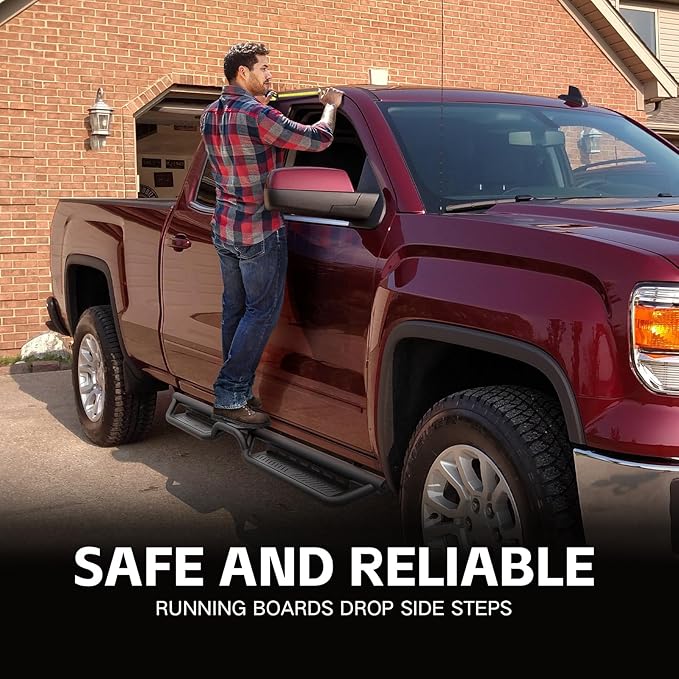 Crew Cab Running Boards Side Steps Compatible for 2007-2018 Chevy Silverado & GMC Sierra 1500, 2007-2019 Chevrolet Silverado & GMC Sierra 2500 3500 HD Crew Cab Nerf Bar (Two Stairs-Star Logo)