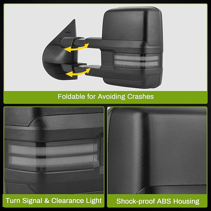 AUTOSAVER88 Towing Mirror Compatible with 2007-2014 Silverado Sierra 1500 2500 3500 HD/Avalanche/Suburban, Power Heated Switchback LED Turn Signal Light (Black inside) Manual Telescoping Folding