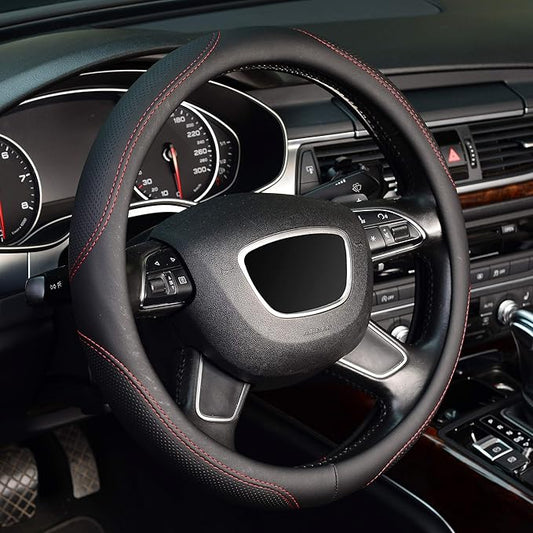 KAFEEK Microfiber Leather Steering Wheel Cover, Universal 15 inch, Red Lines