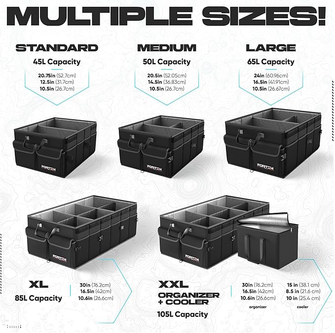 FORTEM Car Trunk Organizer with Cooler, Collapsible Multi Compartment SUV Organizer, Foldable Storage for Car Accessories for Women Men, 600D Oxford, Non Slip Bottom, Securing Straps Soft Cover (105L)