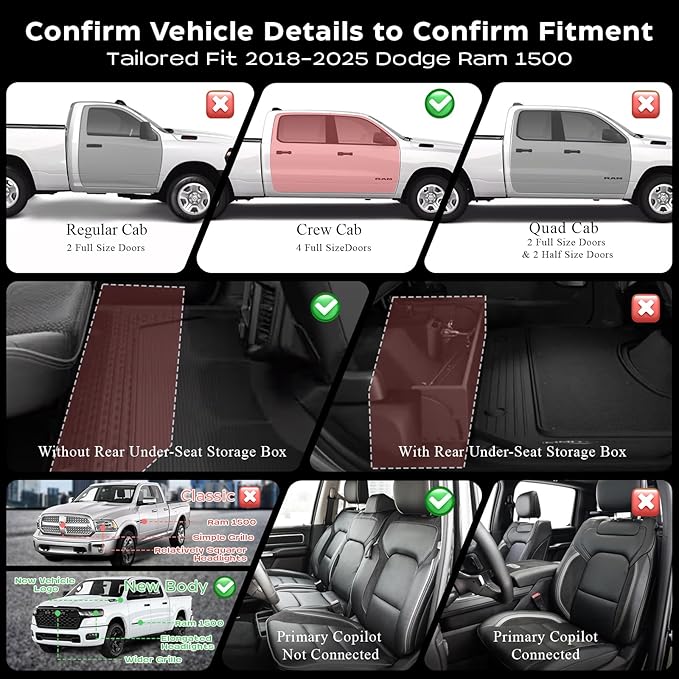 Floor Mats Custom Fit for 2019-2025 Dodge Ram 1500, TPE All-Weather Floor Liners Full Set with 1st & 2nd Rows, Fit Bucket or Bench Seats (Crew Cab 2019-2025 New Body, Full Set(Without Storage))