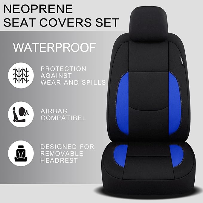 Pariitadin Waterproof Car Seat Covers Full Set, Neoprene Seat Covers for Cars, Universal Fit Interior Covers for Most Cars Sedan Van Truck SUV(Black/Blue)