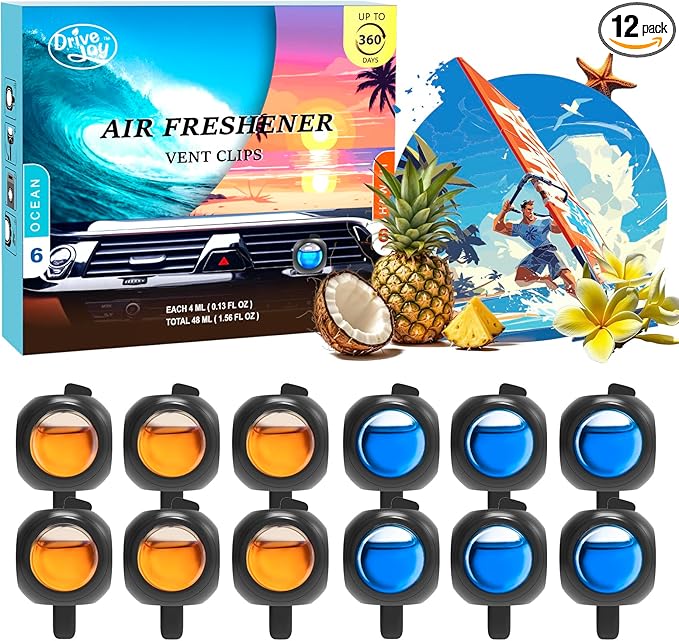 Car Air Freshener Vent Clips, 12 Pack, 6 Ocean, 6 Hawaiian, Provides Long-Lasting Scent, Up to 360 Days, Car Fresheners
