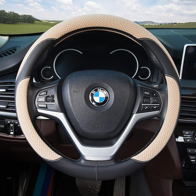 Achiou Steering Wheel Cover Microfiber Leather and Viscose, Breathable Mesh Universal 14.5-15 inch, Refreshing and Comfortable