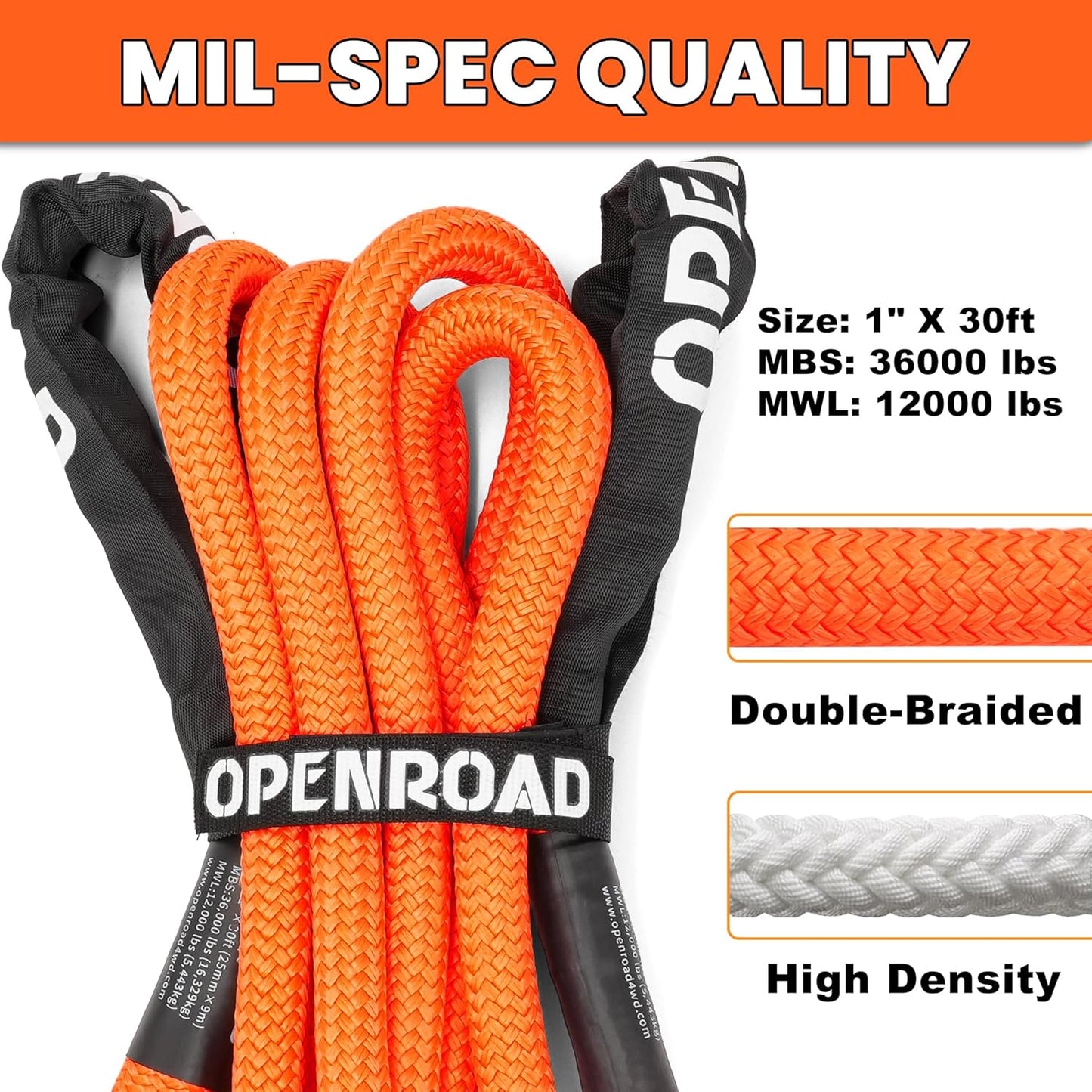 OPENROAD 1" x30ft Kinetic Recovery Rope 36,000LBS Heavy Duty Offroad Tow Strap, 35% Elasticity Snatch Rope for Jeep, Truck, ATV, UTV - Orange (Includes Storage Bag)