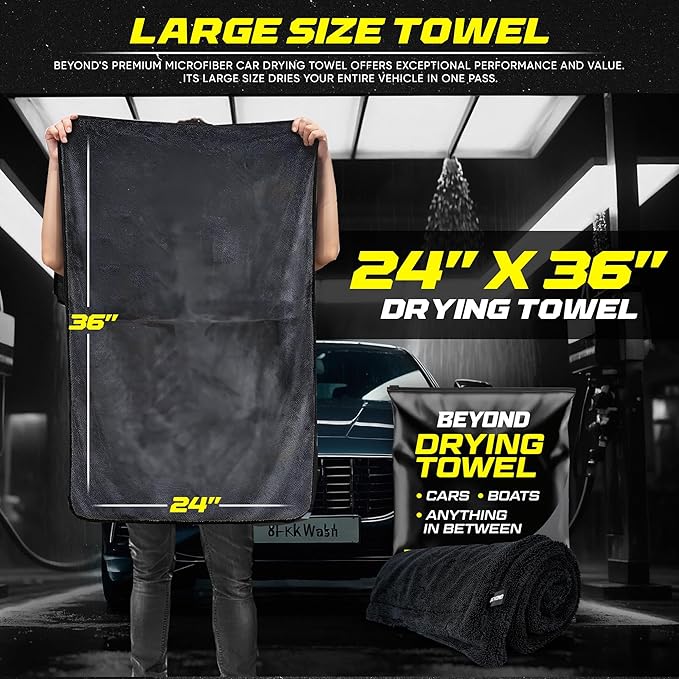 Beyond Drying Towel - Super Absorbent Large Premium Microfiber Detailing Towel for Cars and Boats - Twisted Loop Microfiber Technology - One-Pass Scratch and Streak Free - 24' x 36' Black