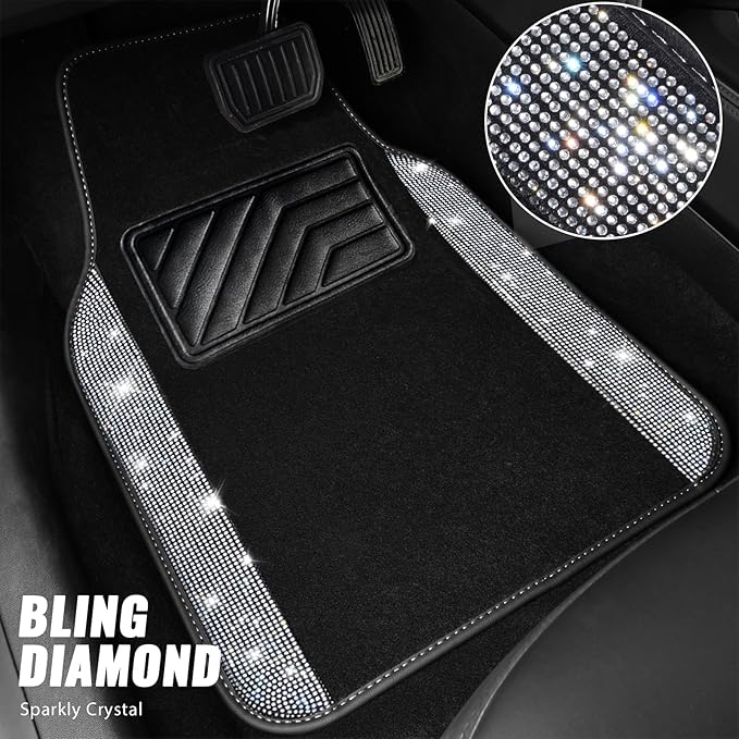 CAR PASS Bling Diamond Leather Steering Wheel Cover 14.5in-15in Floor Mats Shining Rhinestone Carpet Sparkly Glitter Crystal Anti-Slip Pad Fit Automotive SUV Pickup Truck Girl Women, 5pcs Black Sliver