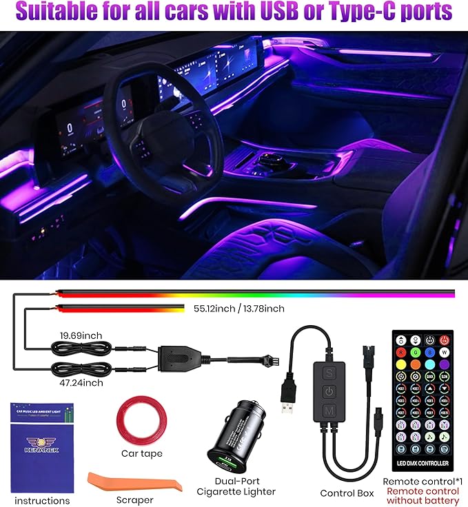 KENANEK 55.12’’ Acrylic Car Ambient Lighting Kit – 2 LED Light Strips, RGB Interior Lights with APP/Remote/Control Box, Music Sync, Dual USB Power, Universal Fit for Car/SUV/Truck