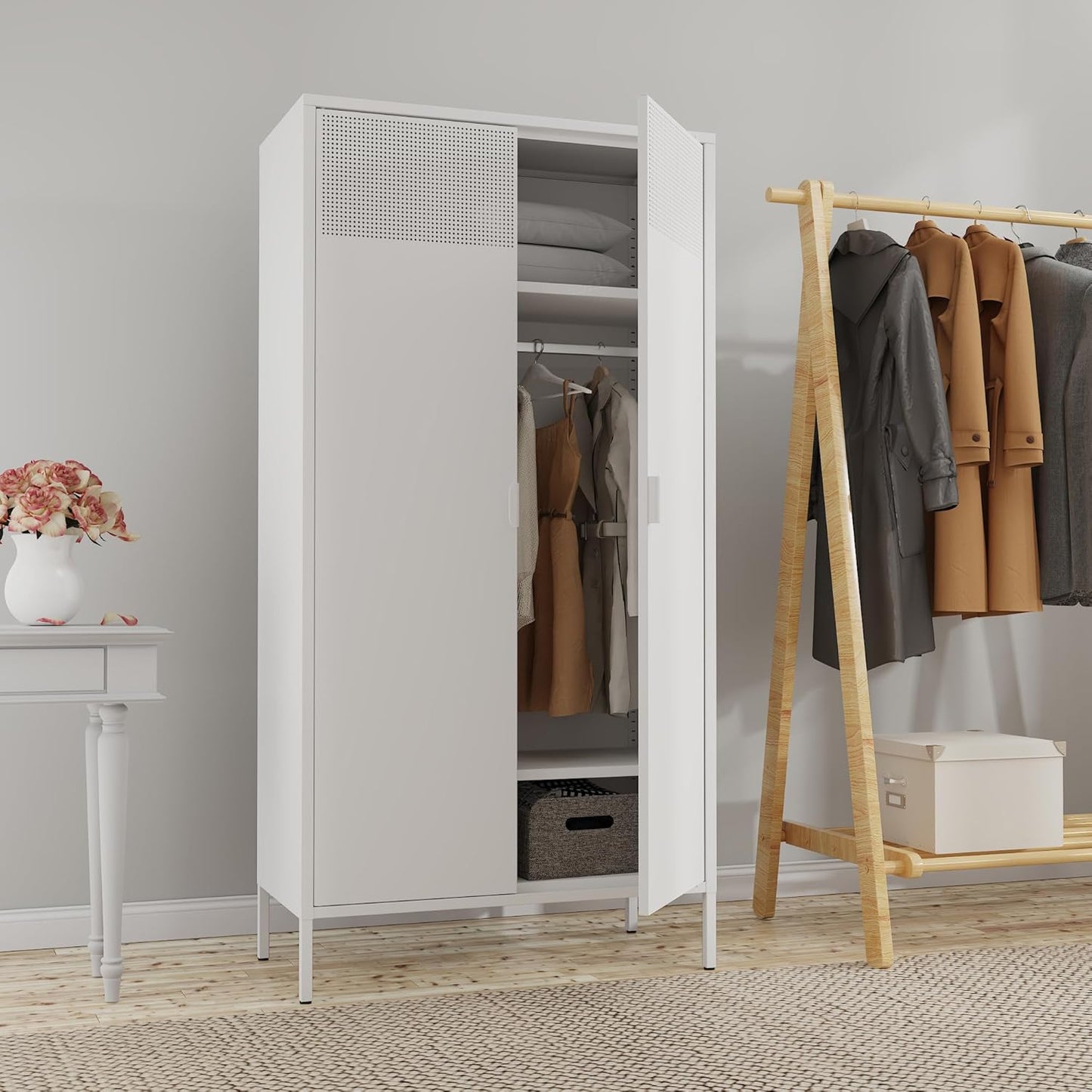 Metal Storage Cabinets Locker with Hanging Rod and Adjustable Shelves, 71'' Clothing Steel Storage Wardrobe for Home & Office, School, Employee,Gym(White, 71''H-Wardrobe)