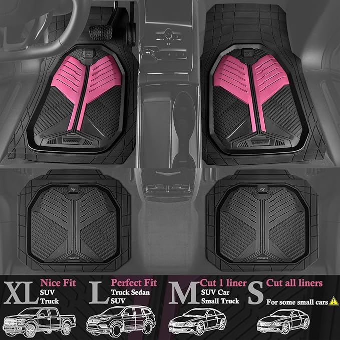 CAR PASS Heavy Duty Rubber Car Mats, Deep Dish Car Floor Mats All Weather, Car Mats Full Set 4-Piece Trim to Fit for Sedans SUVs Trucks,Women Waterproof Anti-Slip Automotive Mats, V12 Black and Pink