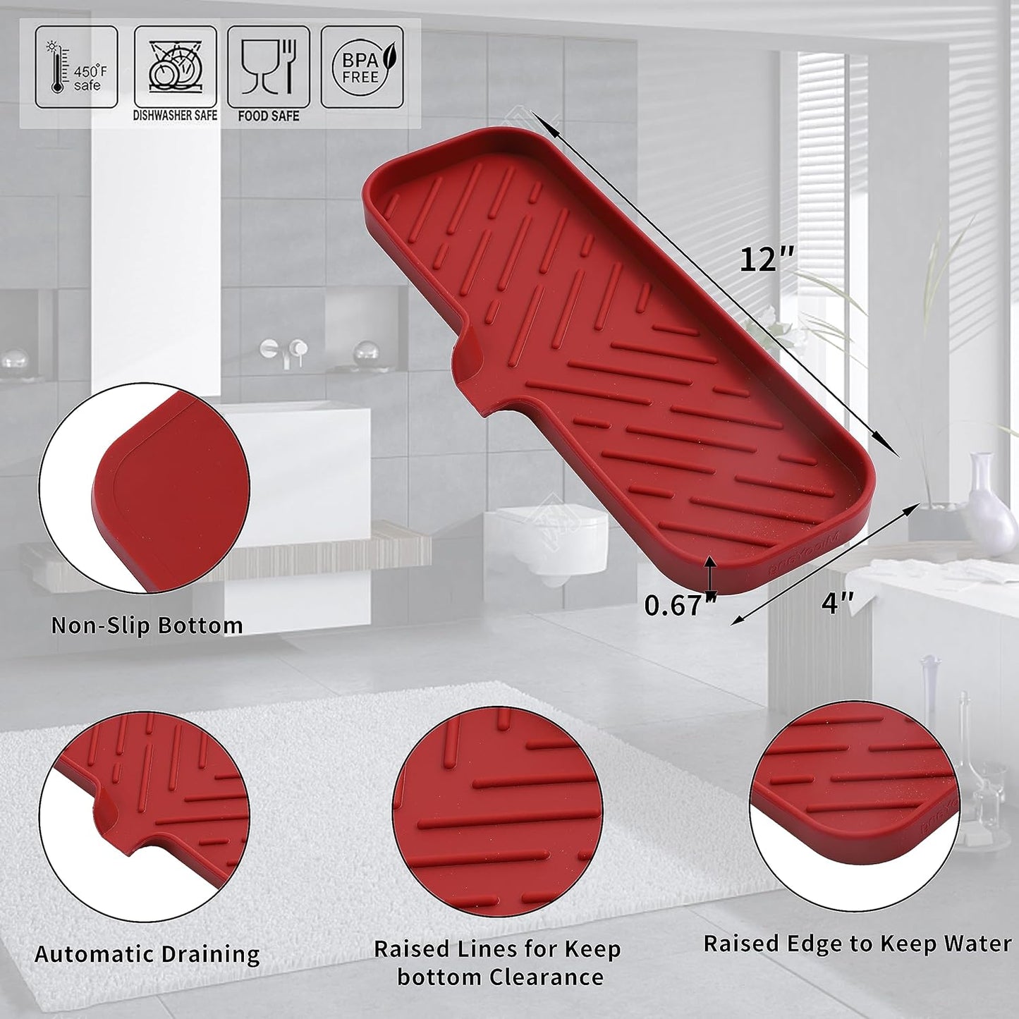 Silicone Bathroom Soap Dishes with Drain Spout-Bathroom and Kitchen Sink Organizer,Sponge Holder,Dish Soap Tray,Perfect for Dispenser,Scrubber,Bottle,Cup on Sink or Counter-Red 12"×4"