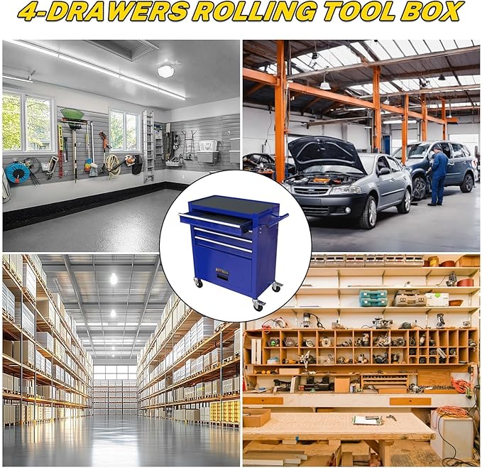 233PCS 4 Drawers Rolling Tool Box with Tool Sets, Heavy Duty Steel Garage Storage Cabinet with Lockable Wheels, Mechanic Organizer for Home, Auto, Workshop, Warehouse, Blue