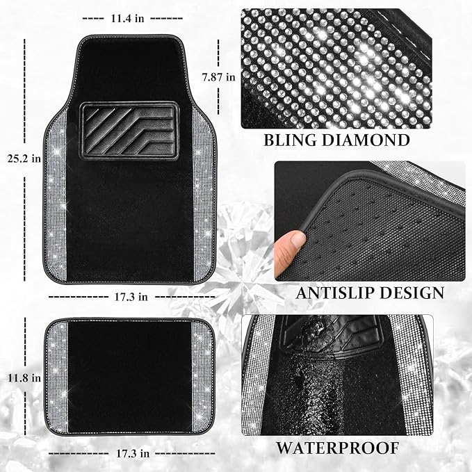CAR PASS Bling Diamond Leather Steering Wheel Cover 14.5in-15in Floor Mats Shining Rhinestone Carpet Sparkly Glitter Crystal Anti-Slip Pad Fit Automotive SUV Pickup Truck Girl Women, 5pcs Black Sliver