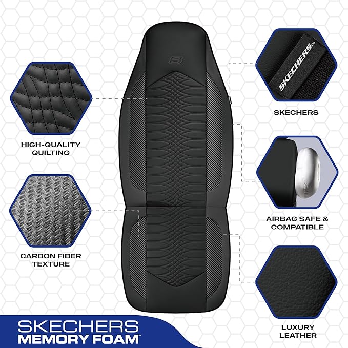 Skechers Memory Foam Car Seat Covers, Leather High Back Seat Covers Quilting Design,Waterproof Sports Car Seat Covers Full Sets,Airbag Compatible, Universal Fit for Most Cars, SUVs,Trucks,Black