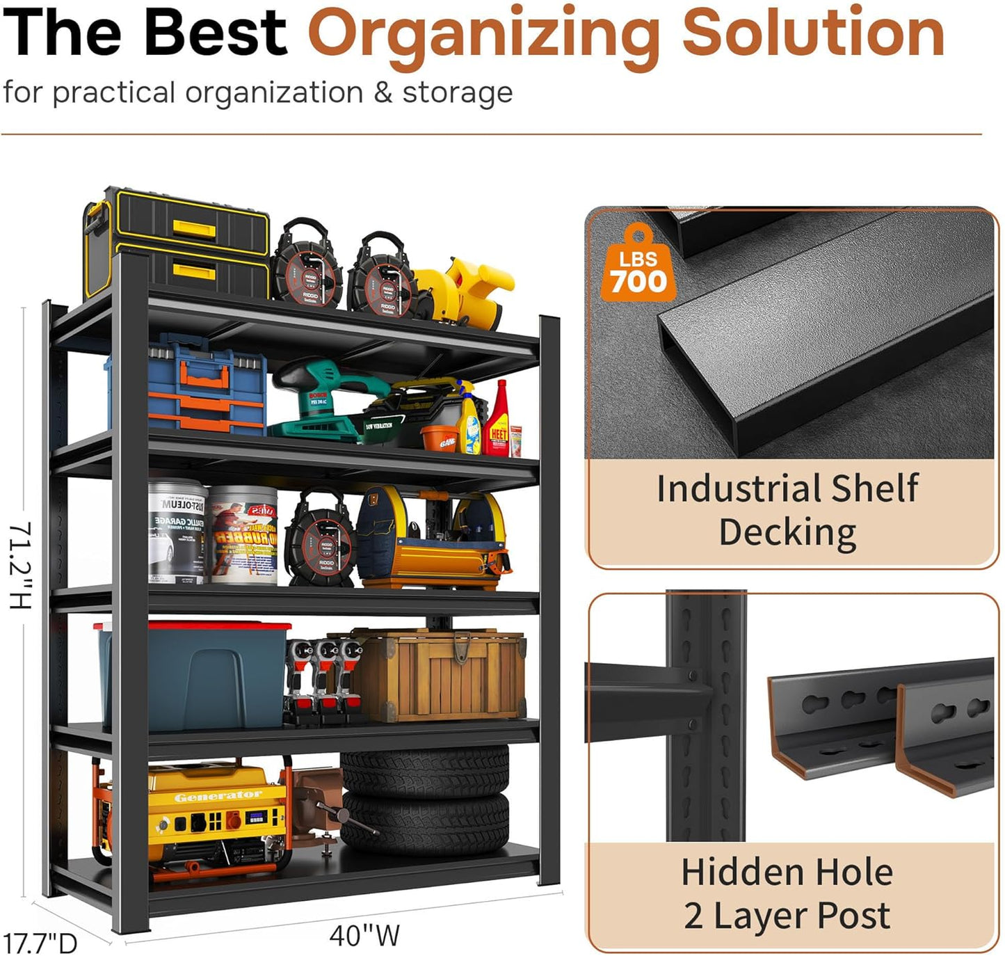 40" W Metal Garage Shelving Unit 3500LBS Metal Storage Shelves 5 Tier Adjustable Shelving Unit Garage Shelves for Kitchen Warehouse Pantry Basement, 71.2" H x 40" W x 17.7" D, Black