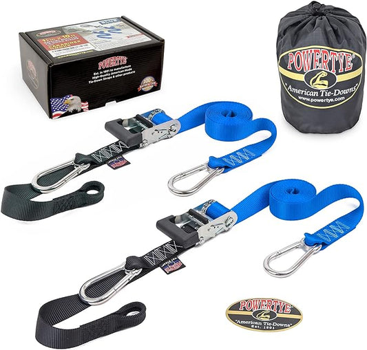 PowerTye 1.5 inch x 10ft Extra Long Ratchet Tie Down Straps, Heavy Duty with Carabiner Hooks, Soft-Tye & Bag, for Motorcycle, ATV & Cargo - 1,000 lb WLL - Made in USA - Blue/Black Pair
