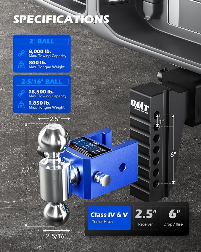 Orion Motor Tech Adjustable Trailer Hitch, Heavy Duty 2.5 inch Receiver Hitch, 6" Drop Hitch with 2" & 2-5/16" Balls, 360° Dual-Ball Mount with 18500lb Towing Capacity for Class IV & V, Blue