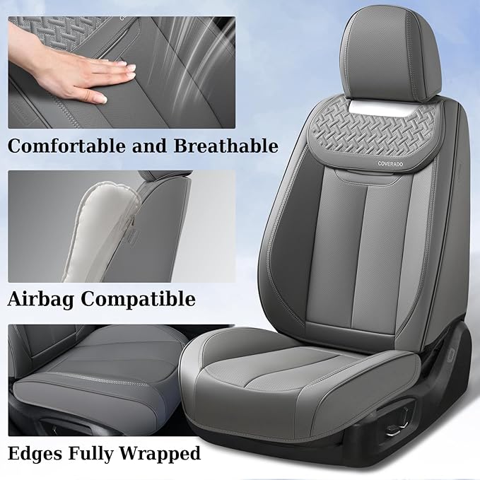 Coverado Car Seat Covers Full Set, Luxury Leather Car Seat Cover, Front and Back Seat Covers for Cars, Waterproof Car Seat Protector, Automotive Seat Covers Universal Fit Most Cars(Gray)