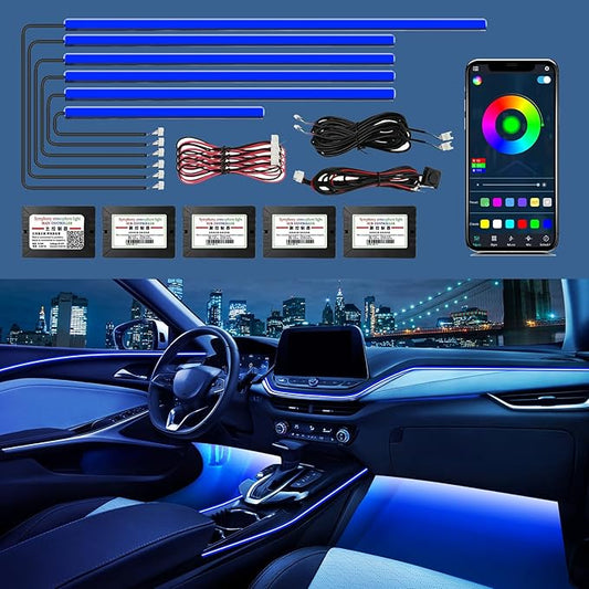 RGB Acrylic Ambient Lighting Car Lights, LED Strip Lights with APP Control, 593 LEDs Interior Car Lights, 6 in 1 Neon Car Ambient Lighting Kit