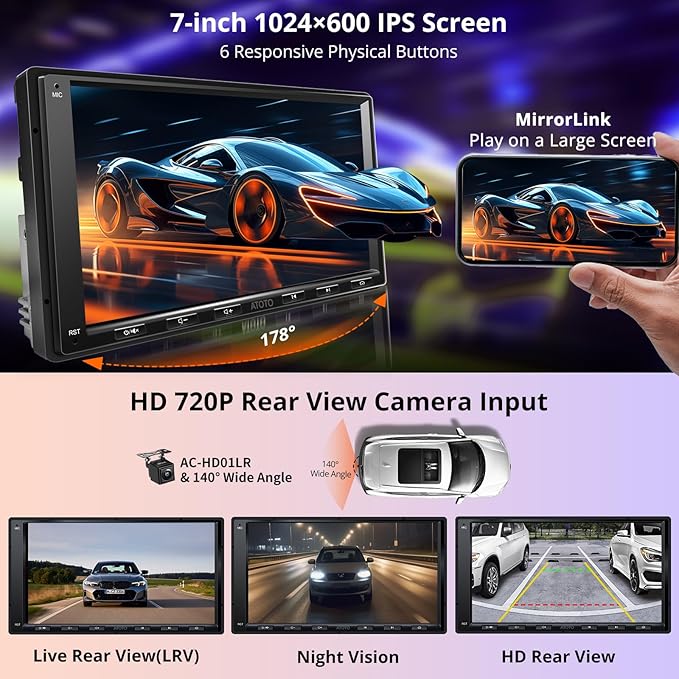 Android Double Din Car Stereo with Backup Camera & OBD2 Scanner, A6PF Ultra 2G+32G 7" Wireless CarPlay & Android Auto Radio with ChatGPT, LRV, WiFi/BT/USB Tethering, GPS Tracker,2 Bluetooth