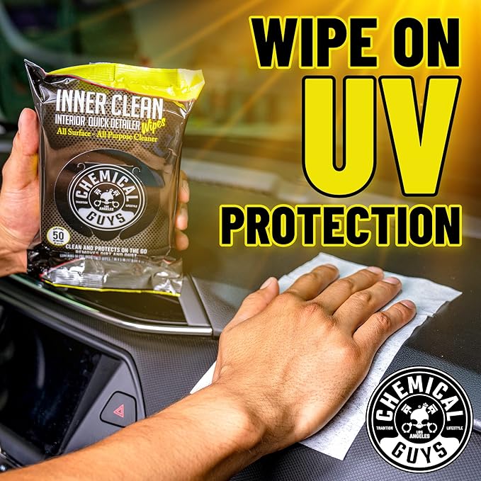 Chemical Guys InnerClean Interior Quick Detailer & Protectant Wipes – 50 Pack Multi Surface Cleaning Wipes for Dashboards, Doors and Seats – Safe for Cars, Trucks, SUVs, RVs and Home Use