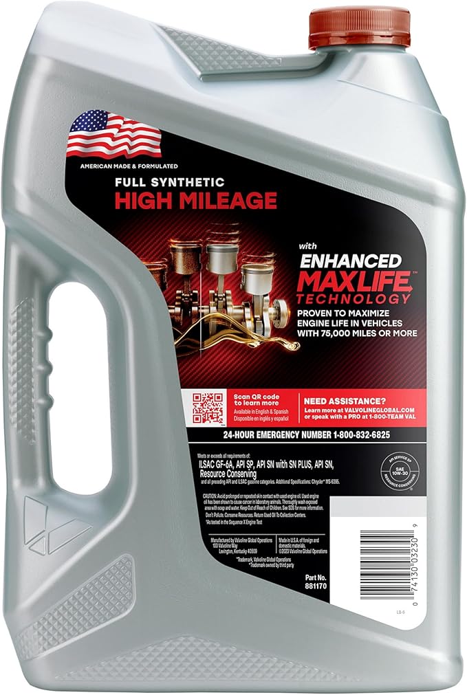 Valvoline Full Synthetic High Mileage with MaxLife Technology SAE 10W-30 Motor Oil 5 QT, Case of 3