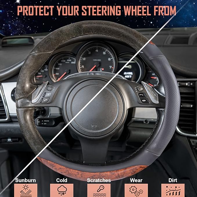 CAR-PASS Wood Grain Microfiber Leather Steering Wheel Cover, 14.5-15 inch Fit for 95% Automotive SUV Truck Sedan, Luxury Premium Rubber Perforated Leather, Non-Slip, (Black)