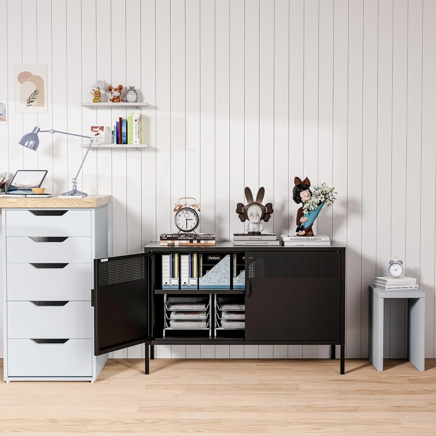 2 Door Storage Sideboard, Metal Storage Cabinet with 2 Adjustable Shelf,Multipurpose Metal Accent Cabinet for Office Home,Music Studio (Black, 25''H)