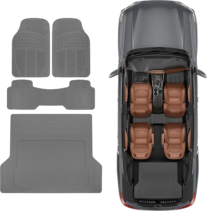 BDKProLiner Gray All Weather Rubber Auto Floor Mats & Cargo Liner - Heavy Duty 4pc Set - CB783