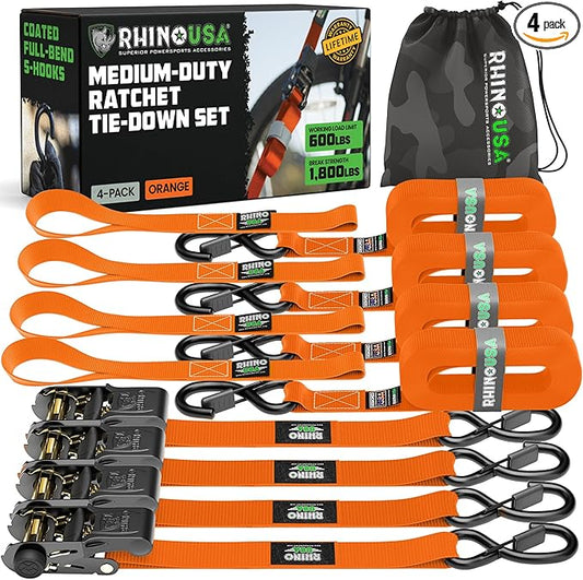 Rhino USA Ratchet Straps Tie Downs (4-Pack) - 1 Inch x 15 Feet (1,823lb Break Strength) - Ultimate Tie Down Straps with Safety S Hooks - for Trucks, Cargo, Moving, Appliances - Orange