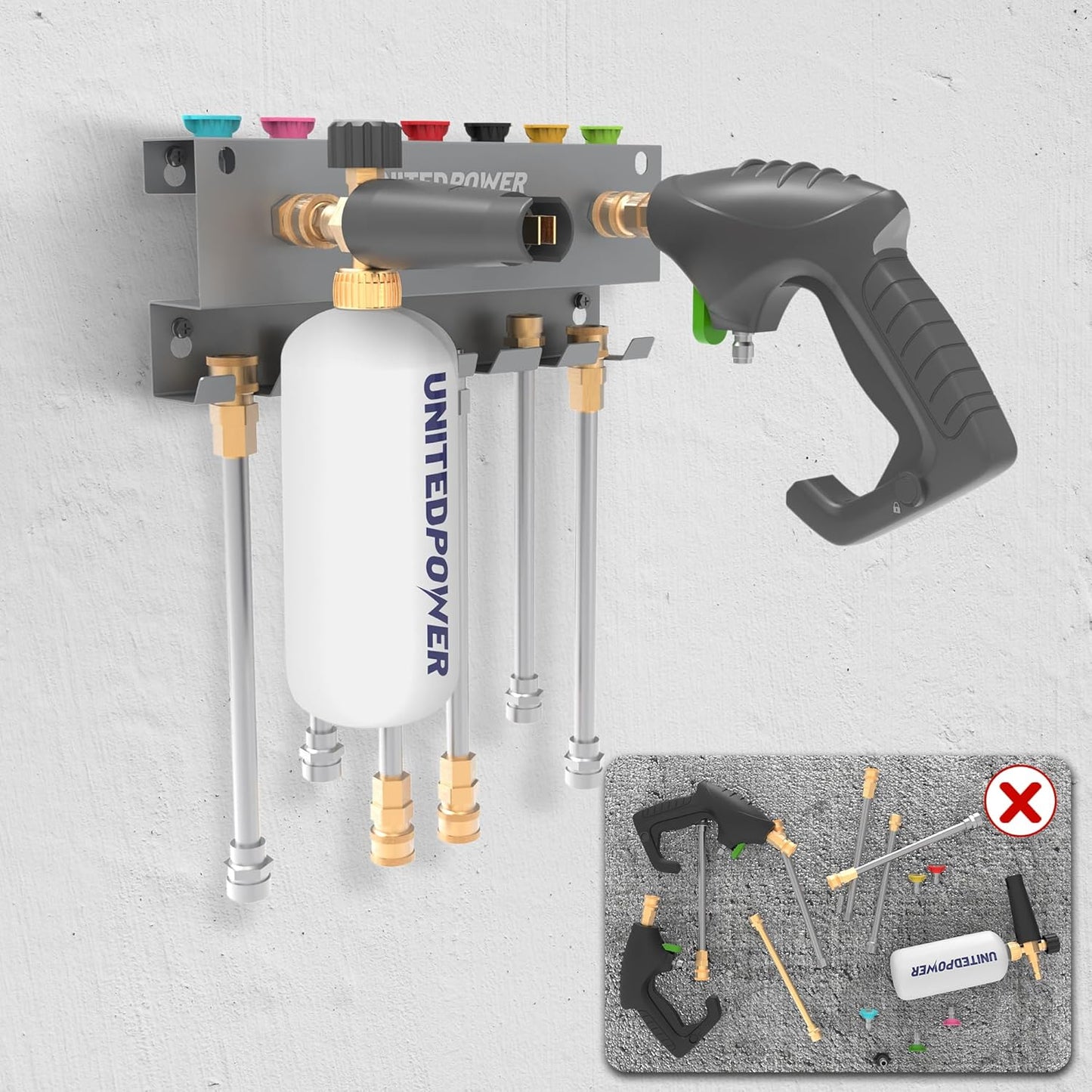 UNITEDPOWER Pressure Washer Gun Holder，Wall Mount Foam Cannon Holder，Tool Storage Rack for Pressure Washer Wand/Nozzle Tips, Car Wash Accessories Organizer, Silver