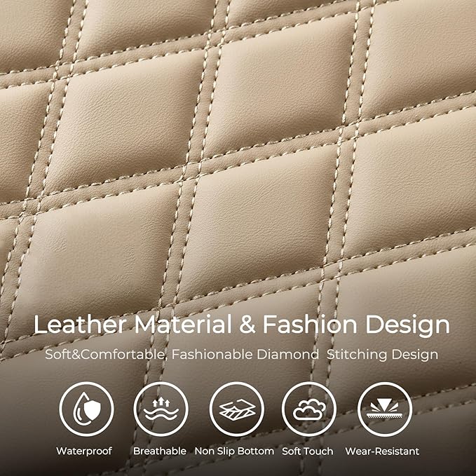 Huidasource Beige Seat Covers Full Set, Nappa Leather Seat Cover Hollow Design Airbag Pops, Front ＆ Back Seat, 5 Layers Seat Covers for Most Cars, Vans, Trucks, SUVs Universal Fit (Full Set/Beige)