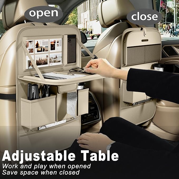 Car Seat Organizers,Multi-functional Back Seat Protectors, Storage Pouches, and Tray Holders (for Cars, Kids, Seat Back and Rear Seats) (Plain Beige, 1 Pcs)