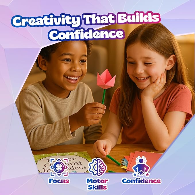 Pinwheel Crafts Flower Origami Kit for Kids Ages 8-12 | 550 Pcs Origami Paper Kit w/Multicolor Folding Papers, Chenille Stems,Buttons and Jewels, Arts and Crafts Paper Book for Kids Ages 6+