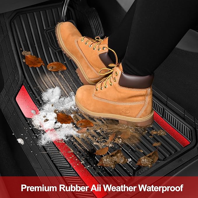CAR PASS Heavy Duty Rubber Car Mats Metallic, Aluminum Film All Weather Floor Mats Waterproof Universal Trim to Fit Automotive SUV Sedan Van 4 Piece Anodized Deep Dish Two-Tone Sporty Black Red Chrome