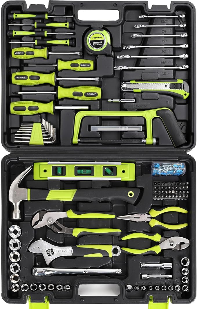 FASTPRO 198-Piece Household Tool Set, Home Repairing Tool Set with Toolbox, SAE Mechanics Hand Tool Kit for DIY, Home Maintenance, Green
